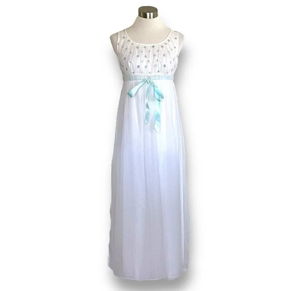 Vintage 1960s Miss Elaine Peignoir Set Sz P Petite White Blue Nylon Robe Gown